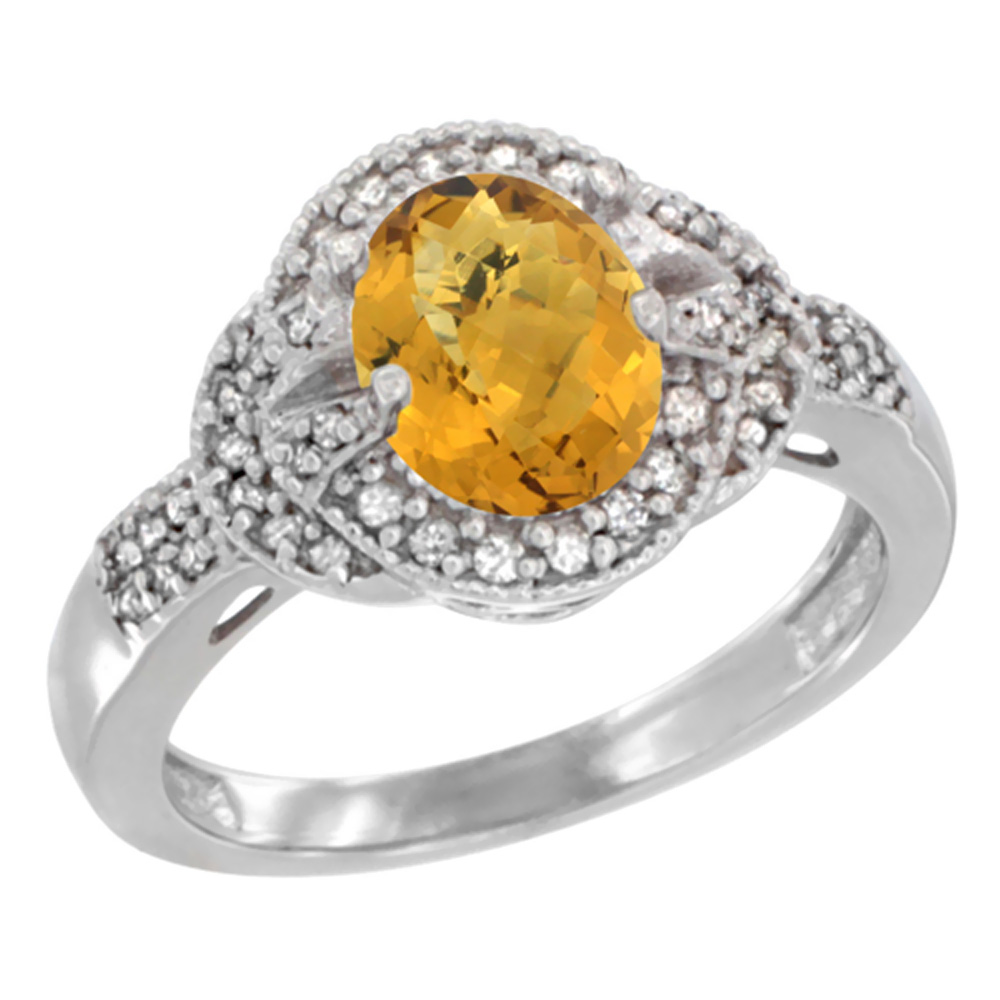 14K Yellow Gold Natural Whisky Quartz Ring Oval 8x6 mm Diamond Accent, sizes 5 - 10