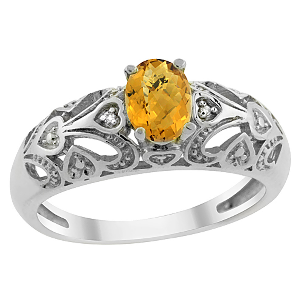 14K Yellow Gold Natural Whisky Quartz Ring Oval 6x4 mm Diamond Accent, sizes 5 - 10