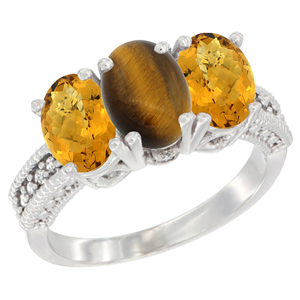 14K White Gold Natural Tiger Eye Ring with Whisky Quartz 3-Stone 7x5 mm Oval Diamond Accent, sizes 5 - 10