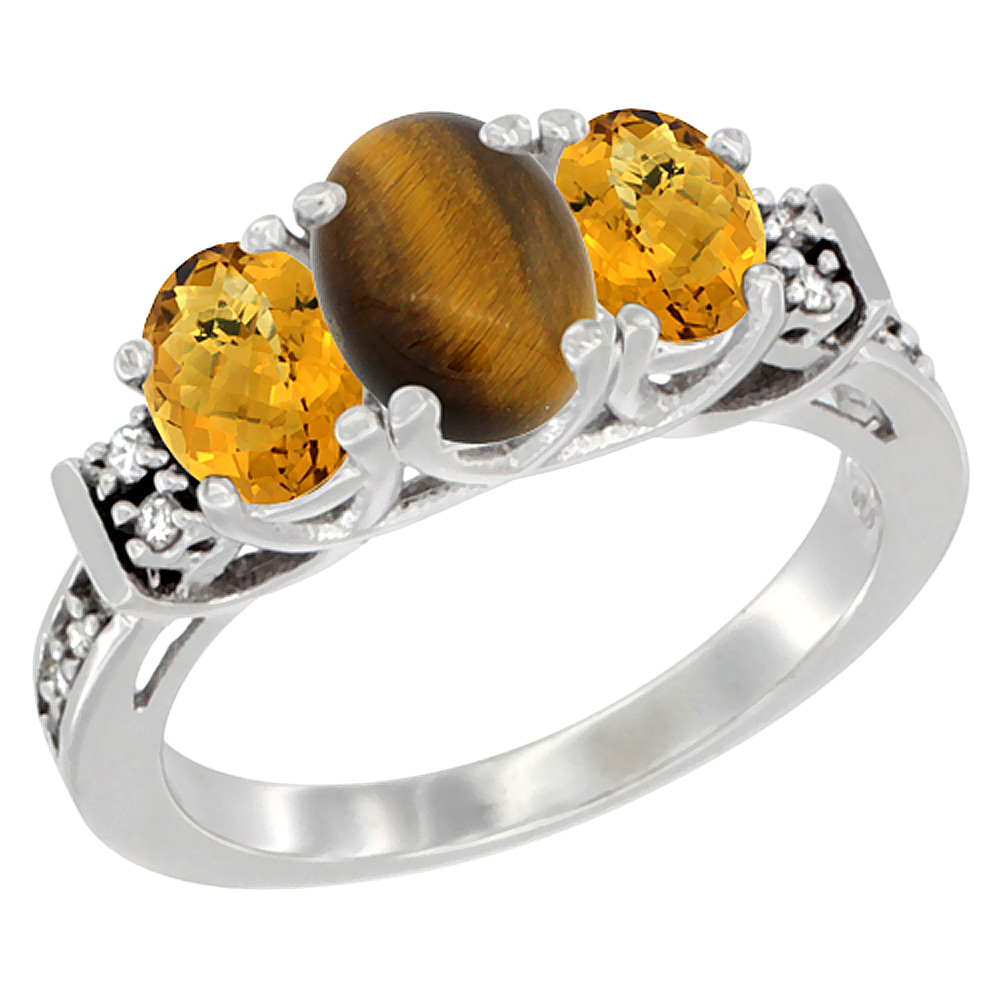 10K White Gold Natural Tiger Eye &amp; Whisky Quartz Ring 3-Stone Oval Diamond Accent, sizes 5-10