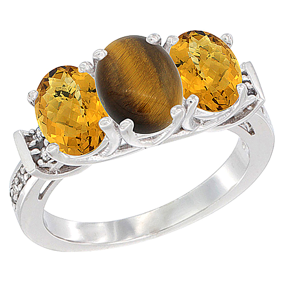 14K White Gold Natural Tiger Eye &amp; Whisky Quartz Sides Ring 3-Stone Oval Diamond Accent, sizes 5 - 10