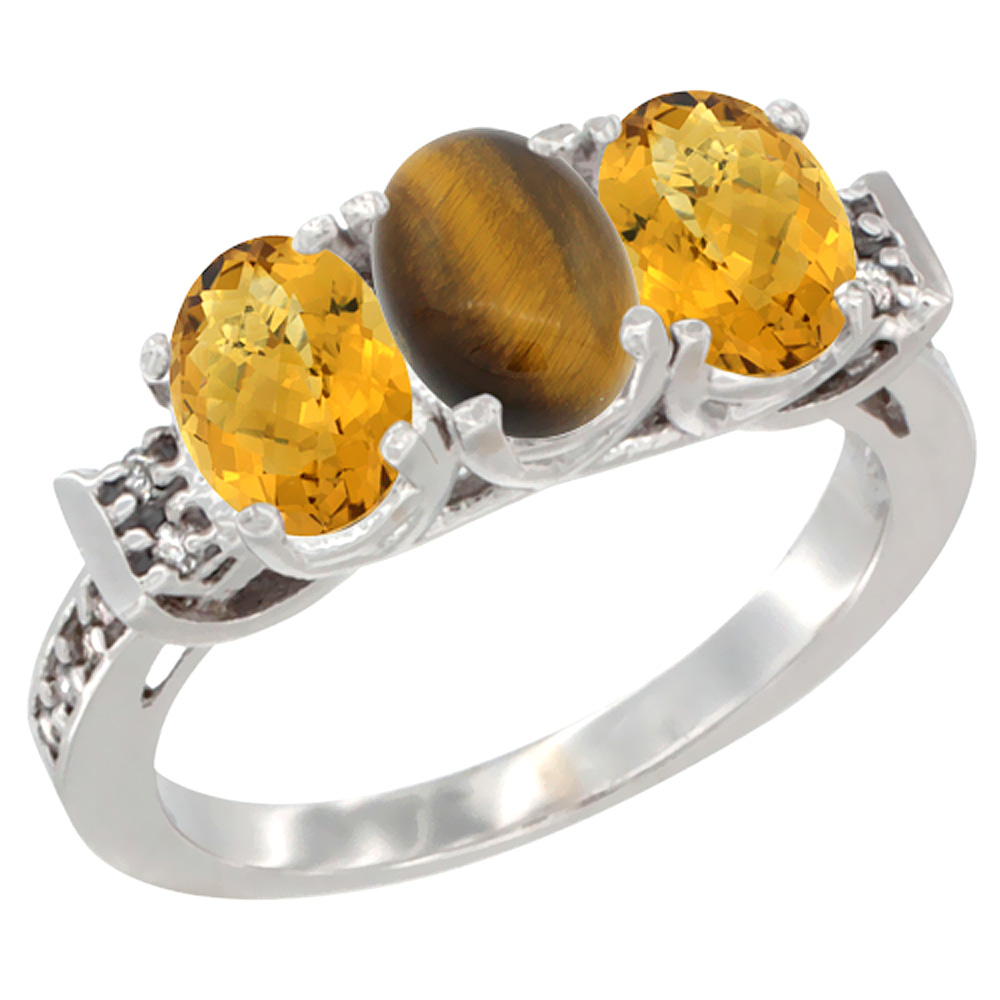 14K White Gold Natural Tiger Eye &amp; Whisky Quartz Ring 3-Stone 7x5 mm Oval Diamond Accent, sizes 5 - 10