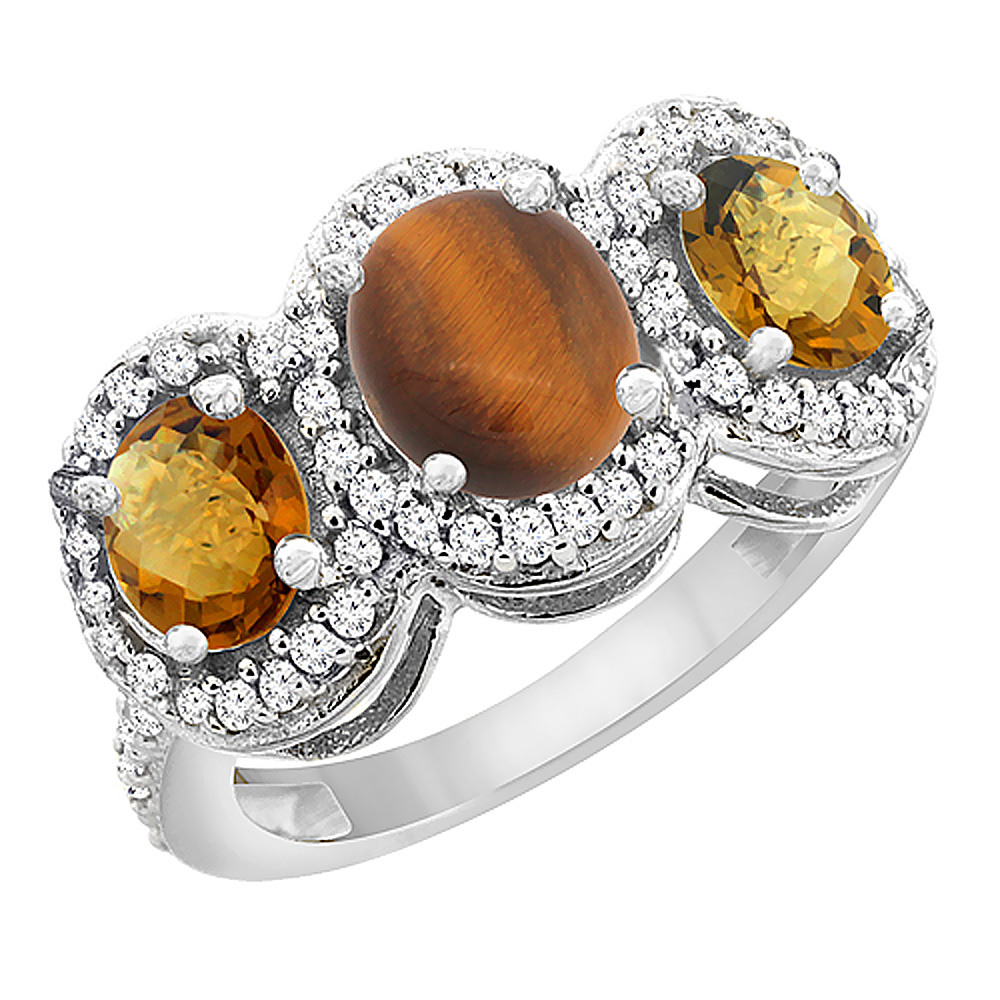 14K White Gold Natural Tiger Eye &amp; Whisky Quartz 3-Stone Ring Oval Diamond Accent, sizes 5 - 10