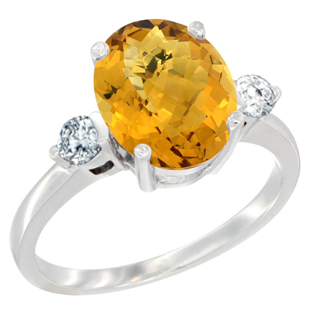 14K White Gold 10x8mm Oval Natural Whisky Quartz Ring for Women Diamond Side-stones sizes 5 - 10