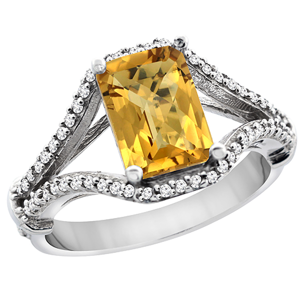 14K White Gold Natural Whisky Quartz Ring Octagon 8x6 mm with Diamond Accents, sizes 5 - 10