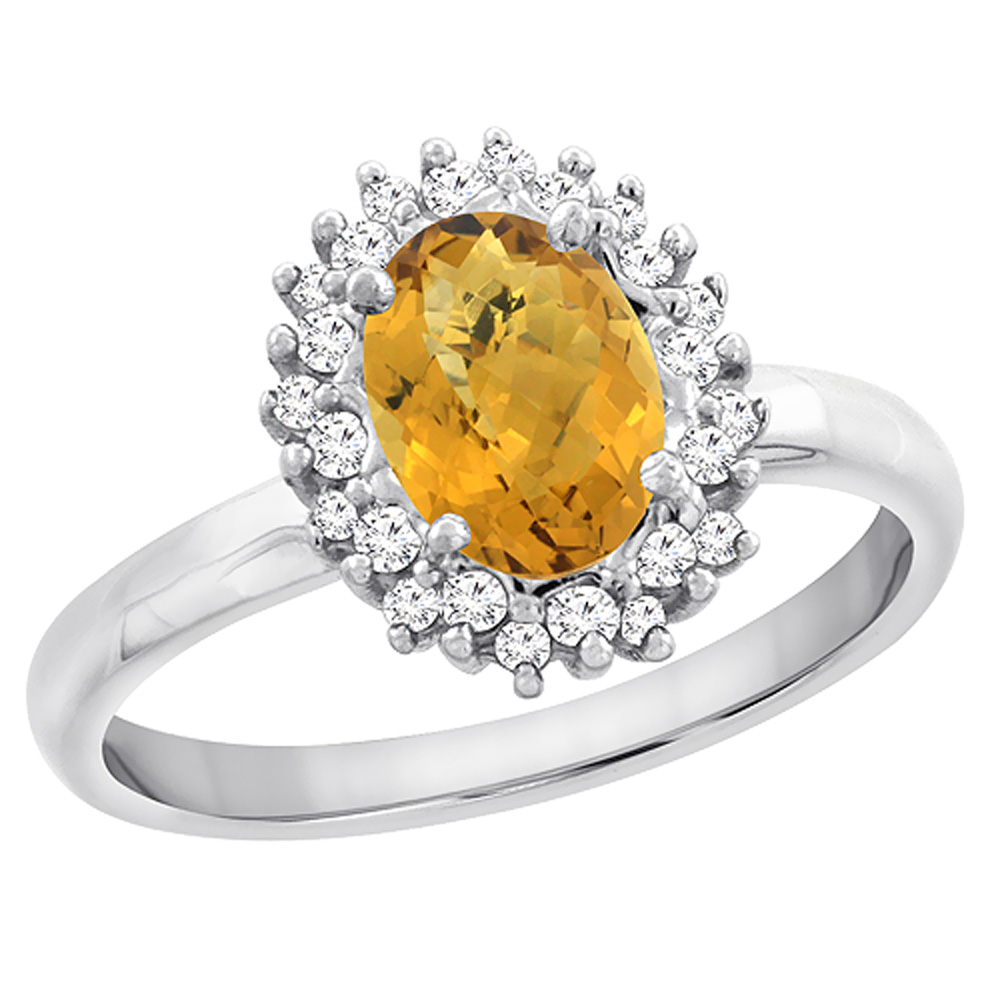 14K Yellow Gold Diamond Natural Whisky Quartz Engagement Ring Oval 7x5mm, sizes 5 - 10