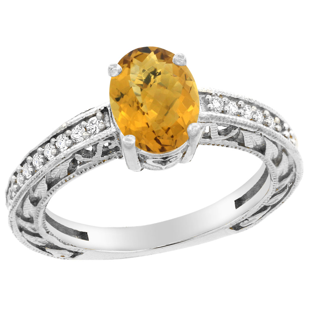 10K Gold Natural Whisky Quartz Ring Oval 8x6 mm Diamond Accents, sizes 5 - 10