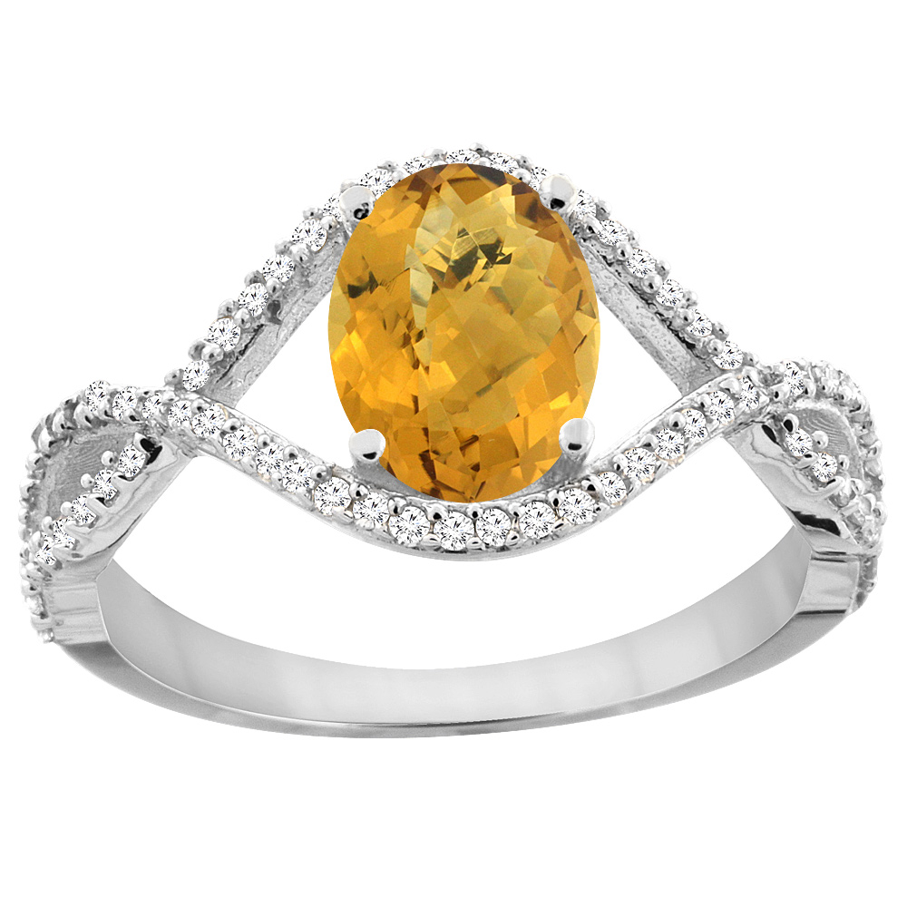 10K White Gold Natural Whisky Quartz Ring Oval 8x6 mm Infinity Diamond Accents, sizes 5 - 10