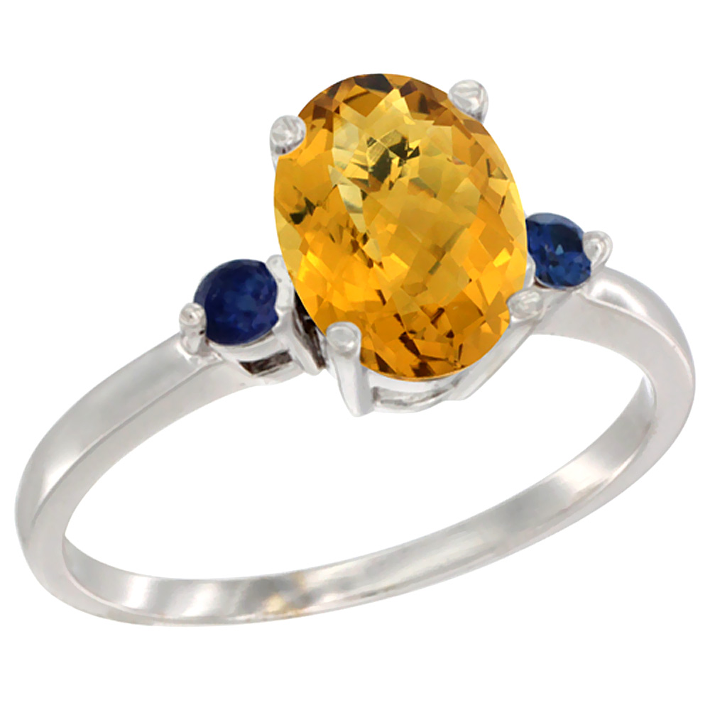 14K White Gold Natural Whisky Quartz Ring Oval 9x7 mm Blue Sapphire Accent, sizes 5 to 10