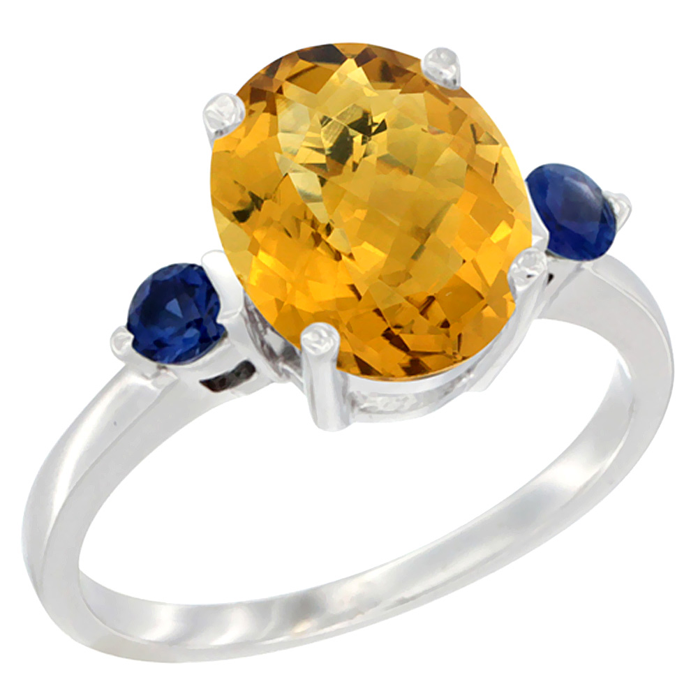 10K White Gold 10x8mm Oval Natural Whisky Quartz Ring for Women Blue Sapphire Side-stones sizes 5 - 10