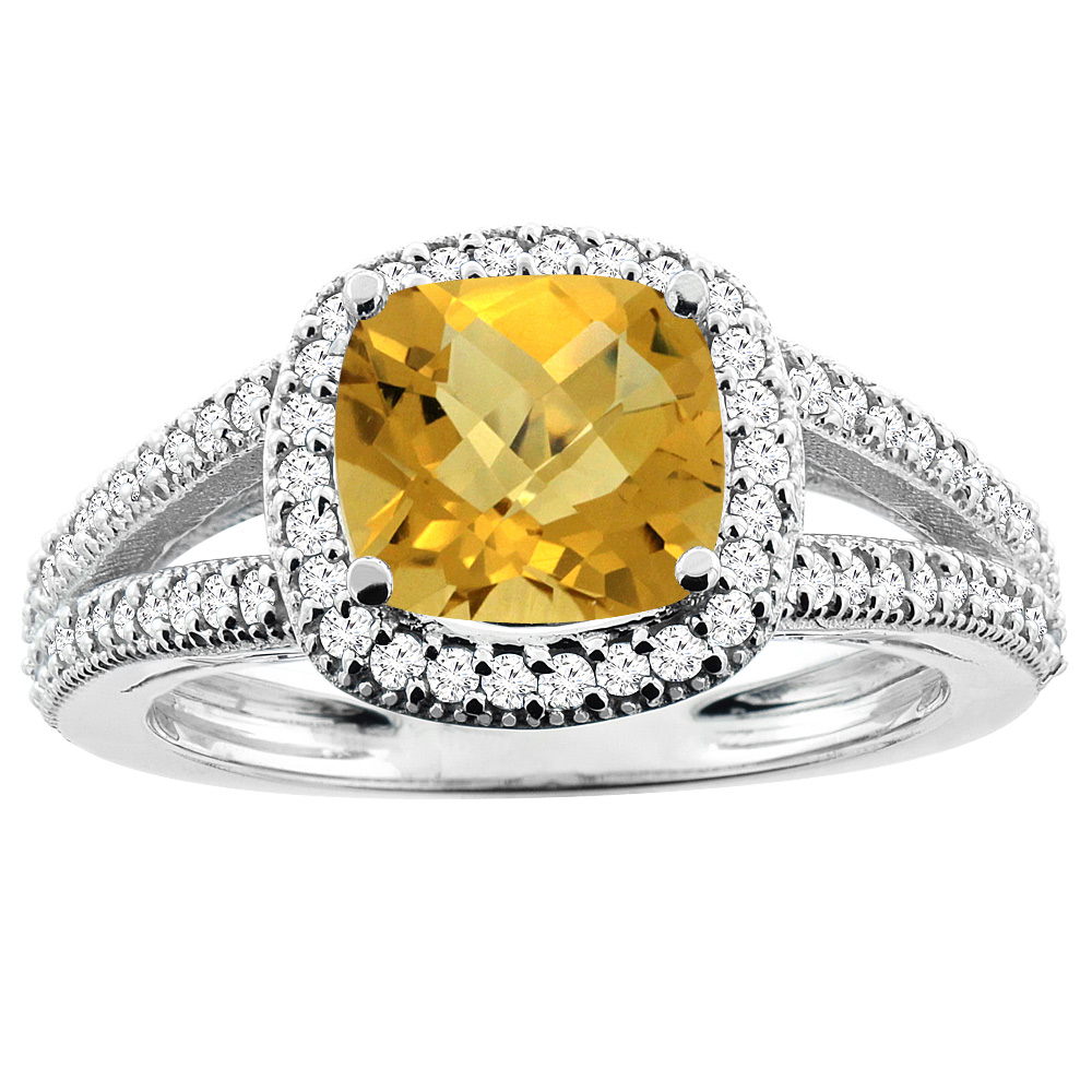 14K Yellow Gold Natural Whisky Quartz Ring Cushion 7x7mm Diamond Accent 3/8 inch wide, sizes 5 - 10