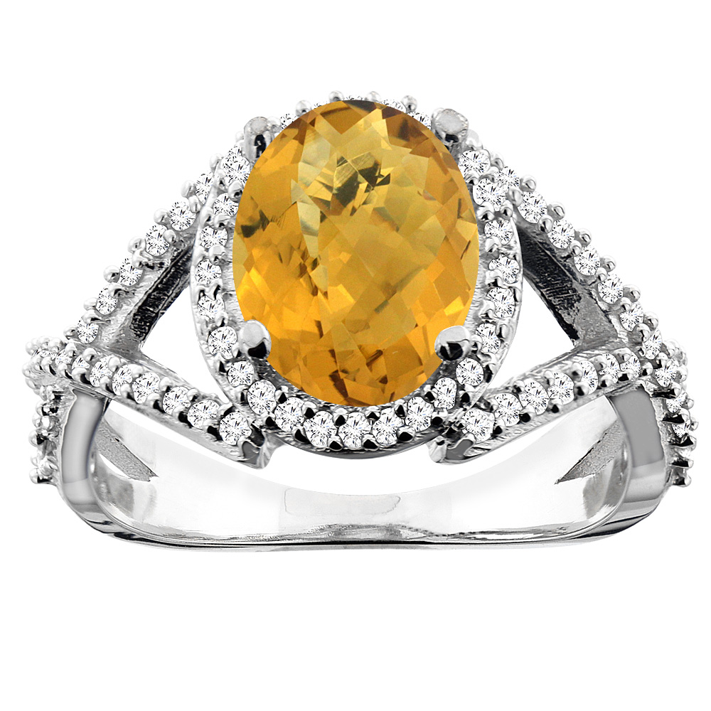 14K White/Yellow/Rose Gold Natural Whisky Quartz Ring Oval 10x8mm Diamond Accent, sizes 5 - 10