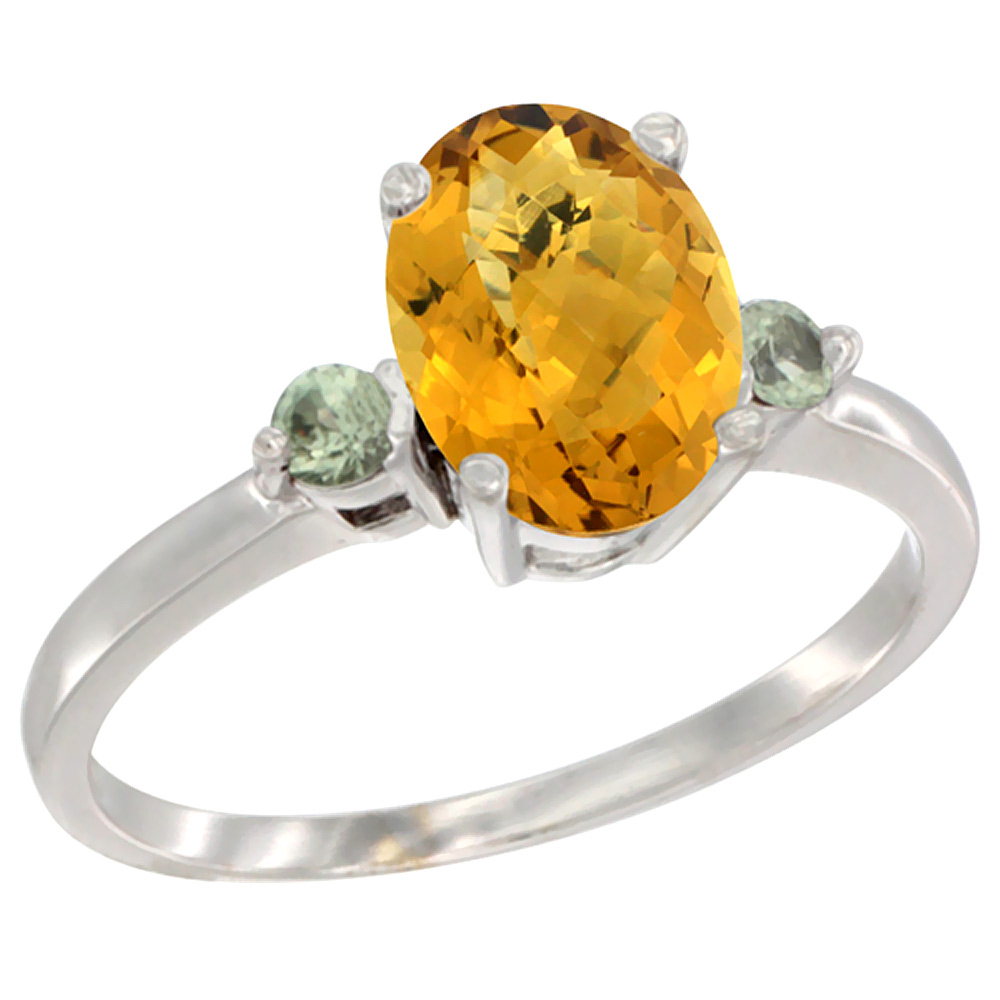 14K White Gold Natural Whisky Quartz Ring Oval 9x7 mm Green Sapphire Accent, sizes 5 to 10