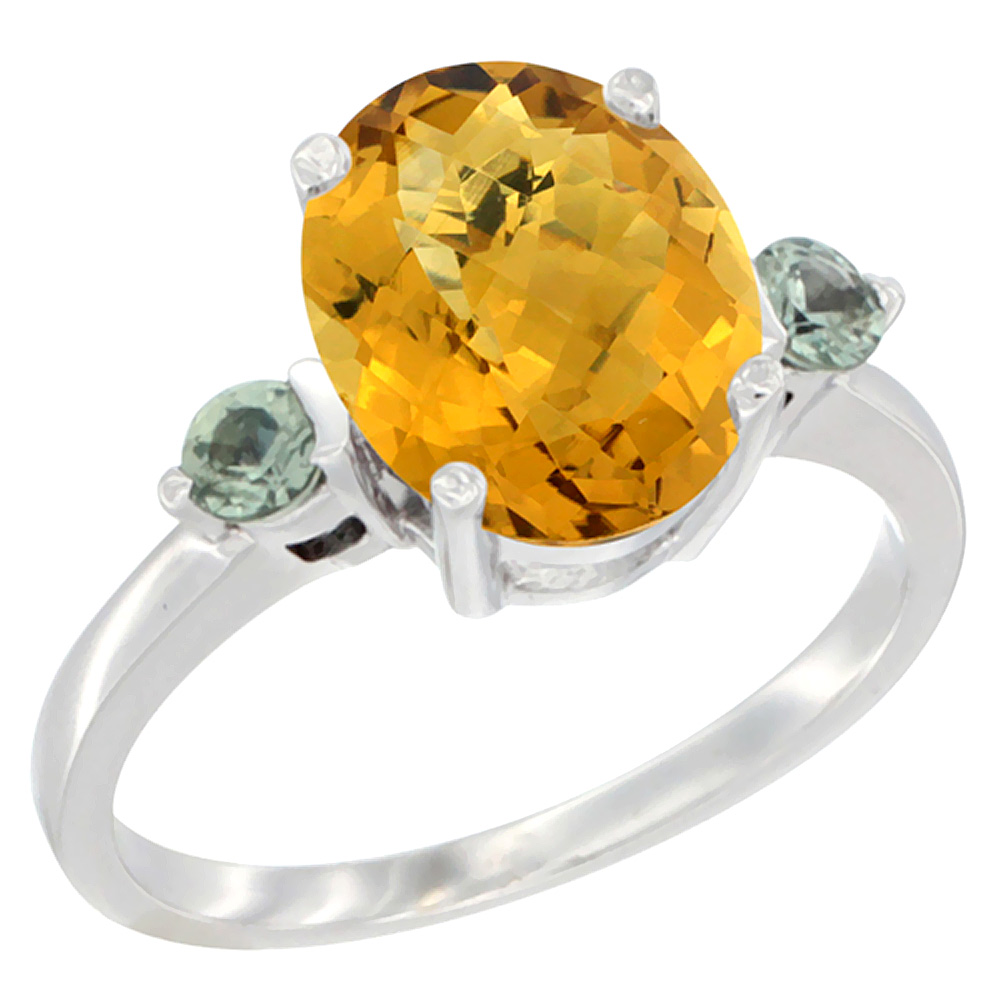 14K White Gold 10x8mm Oval Natural Whisky Quartz Ring for Women Green Sapphire Side-stones sizes 5 - 10