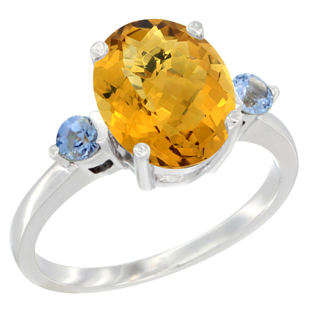 14K White Gold 10x8mm Oval Natural Whisky Quartz Ring for Women Light Blue Sapphire Side-stones sizes 5 - 10