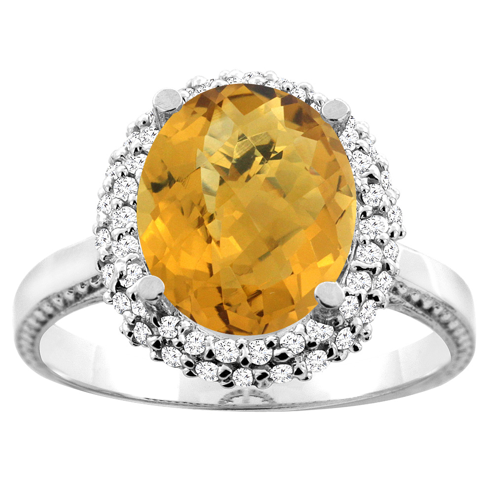 10K White/Yellow Gold Natural Whisky Quartz Double Halo Ring Oval 10x8mm Diamond Accent, sizes 5 - 10