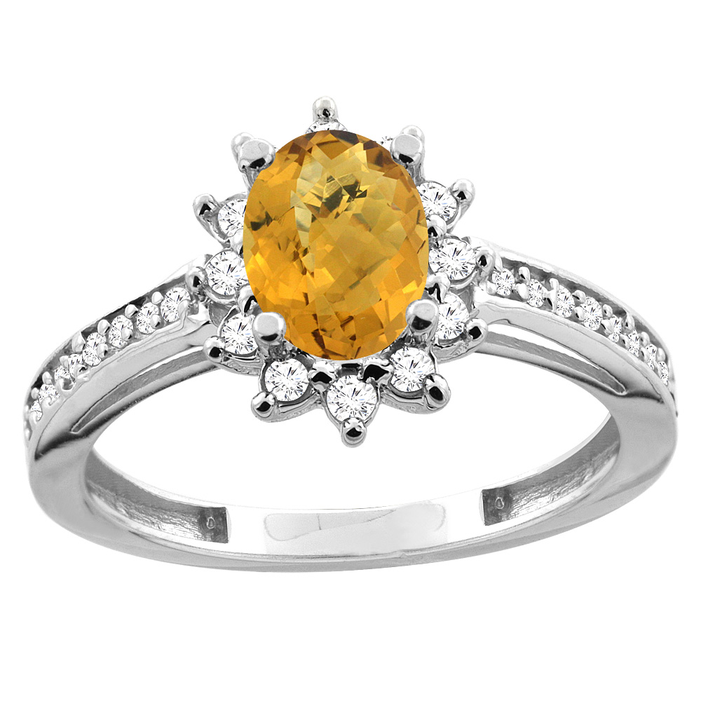 10K White/Yellow Gold Diamond Natural Whisky Quartz Floral Halo Engagement Ring Oval 7x5mm, sizes 5 - 10