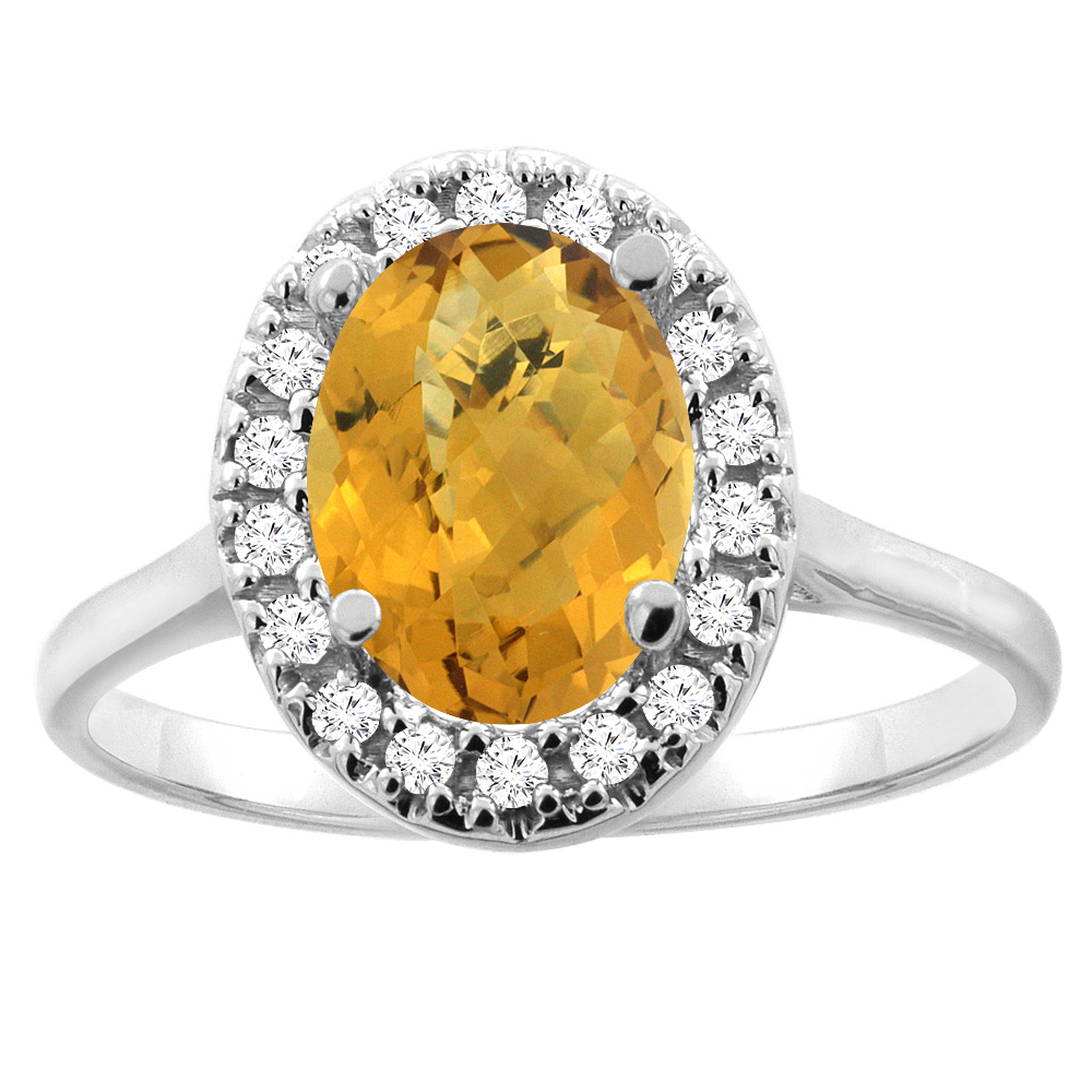 14K Gold Natural Whisky Quartz Halo Ring Oval 9x7mm Diamond Accent, sizes 5 - 10