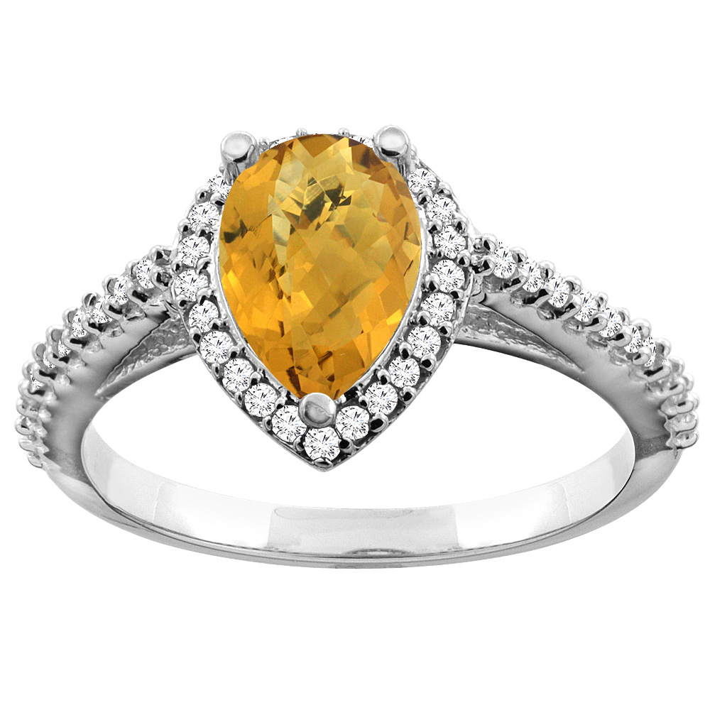 14K Yellow Gold Natural Whisky Quartz Ring Pear 9x7mm Diamond Accents, sizes 5 - 10