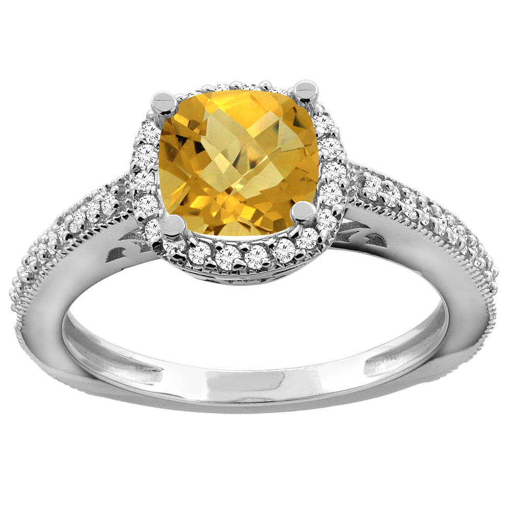 14K Yellow Gold Natural Whisky Quartz Engagement Ring Diamond Halo Cushion 7mm, sizes 5 - 10