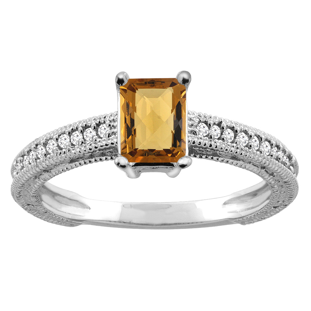 14K Gold Natural Whisky Quartz Engagement Ring Octagon 8x6mm Diamond Accents, sizes 5 - 10