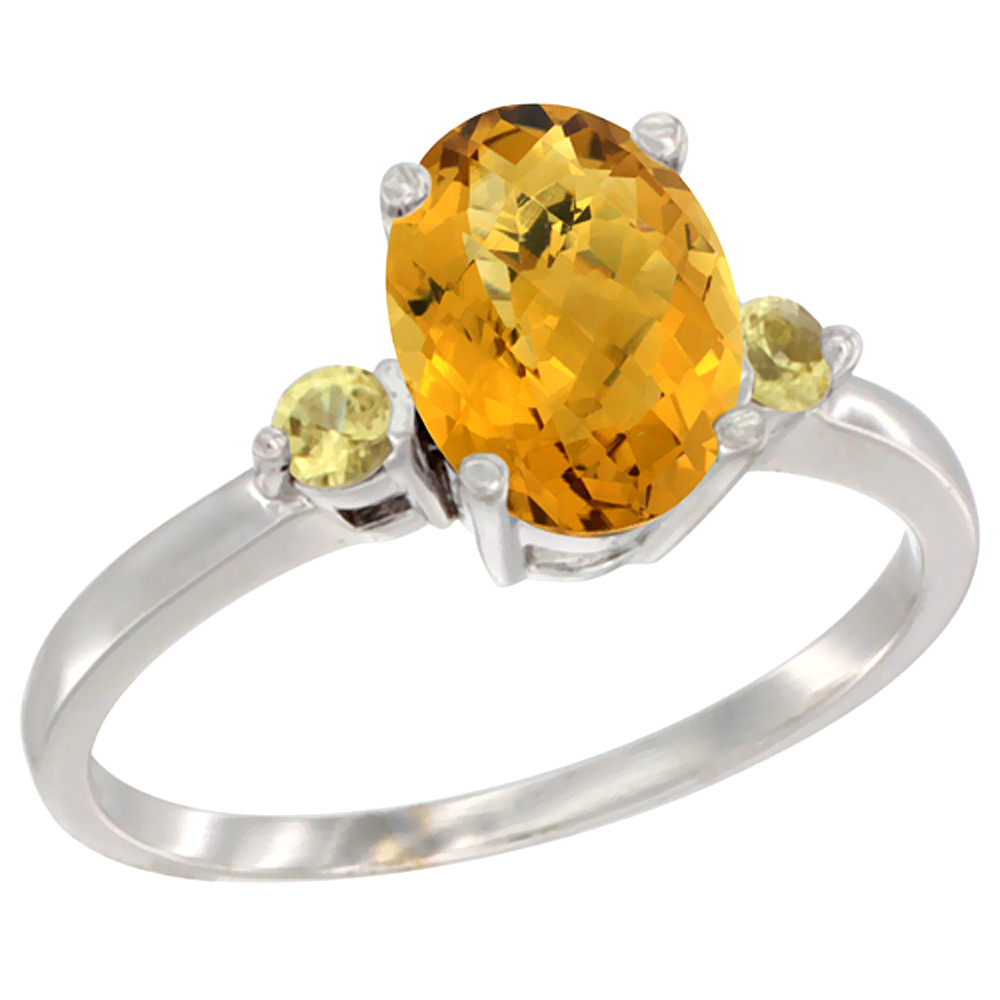 14K White Gold Natural Whisky Quartz Ring Oval 9x7 mm Yellow Sapphire Accent, sizes 5 to 10