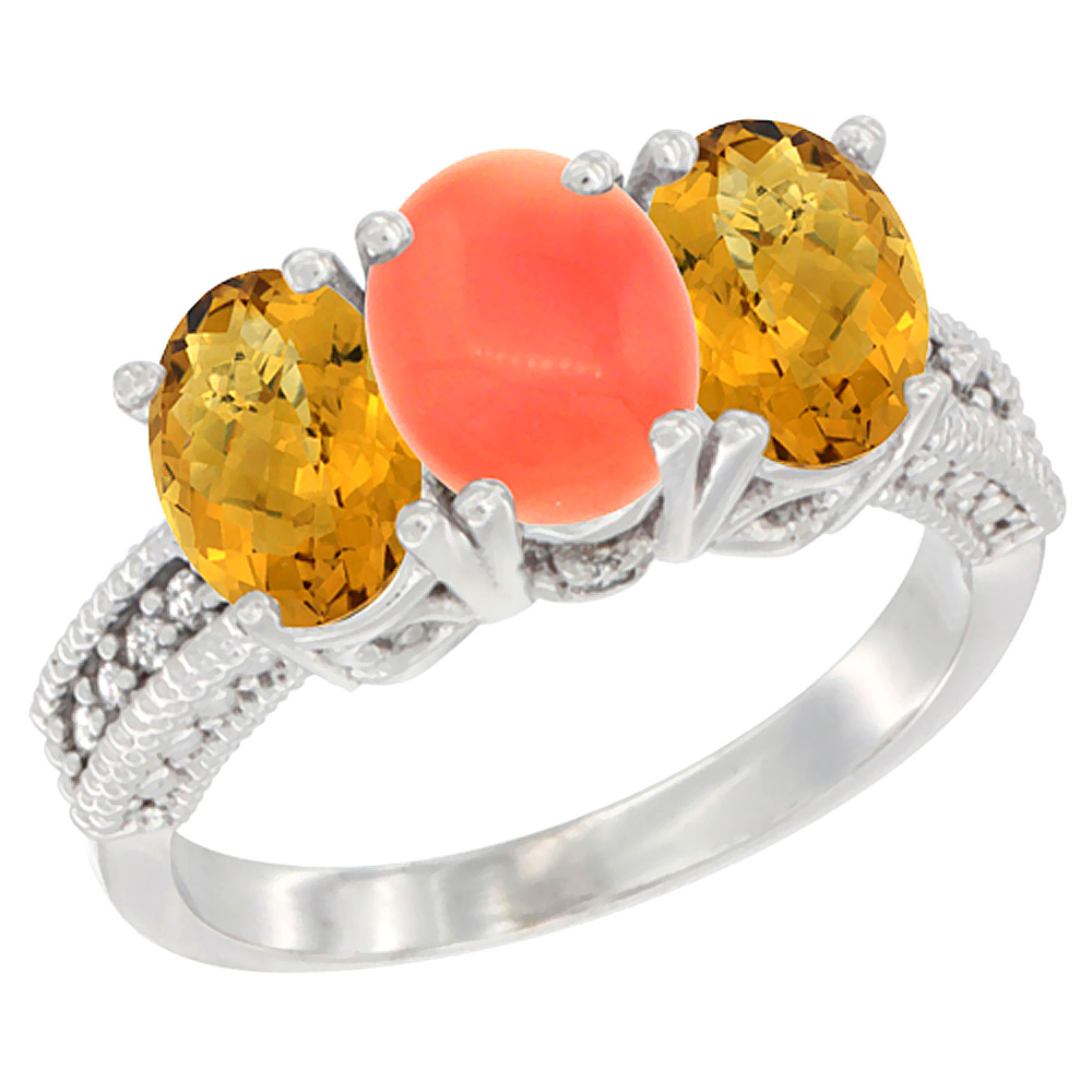 14K White Gold Natural Coral Ring with Whisky Quartz 3-Stone 7x5 mm Oval Diamond Accent, sizes 5 - 10