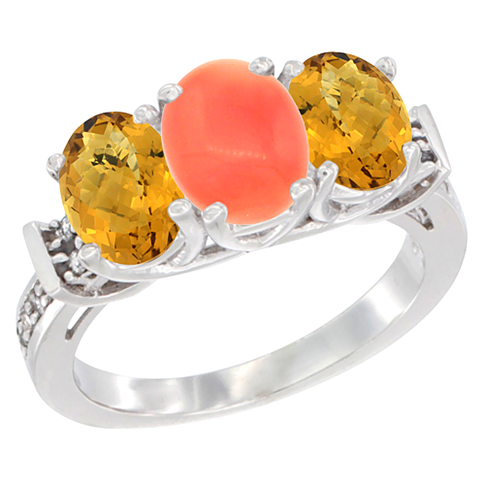 10K White Gold Natural Coral & Whisky Quartz Sides Ring 3-Stone Oval Diamond Accent, sizes 5 - 10