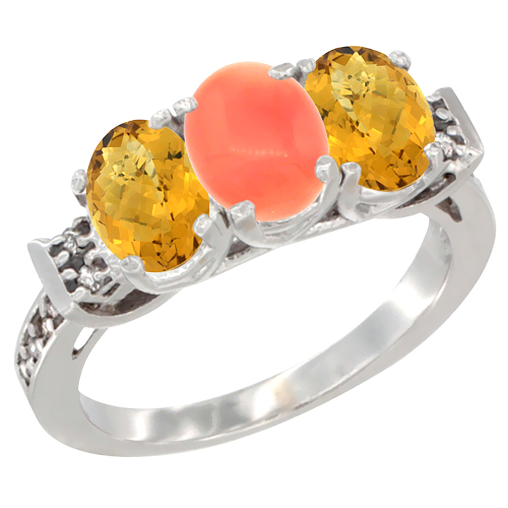 10K White Gold Natural Coral &amp; Whisky Quartz Sides Ring 3-Stone Oval 7x5 mm Diamond Accent, sizes 5 - 10
