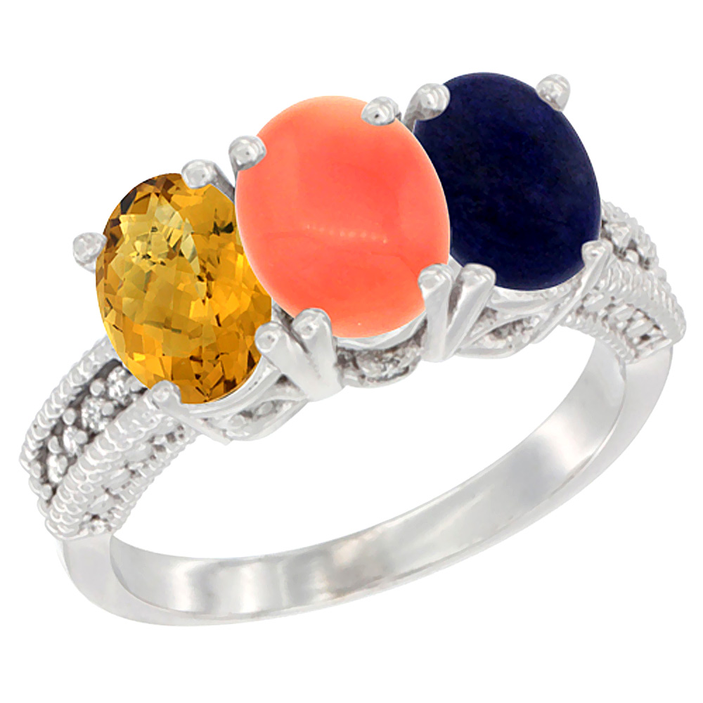 14K White Gold Natural Whisky Quartz, Coral Ring with Lapis Ring 3-Stone 7x5 mm Oval Diamond Accent, sizes 5 - 10
