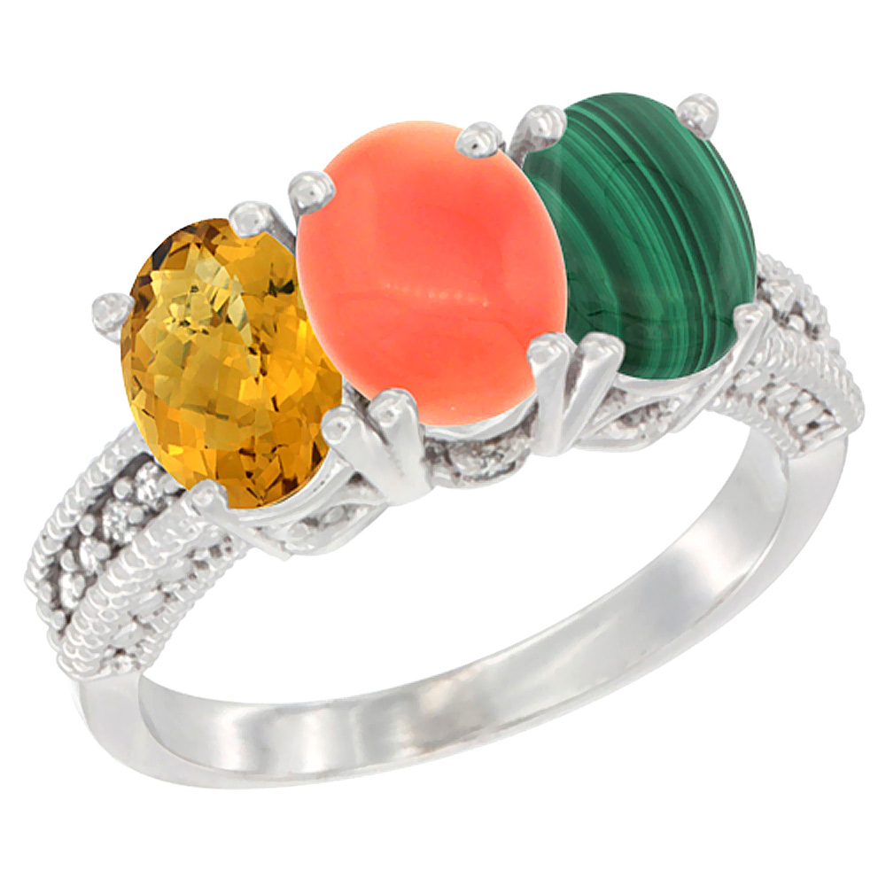 14K White Gold Natural Whisky Quartz, Coral Ring with Malachite Ring 3-Stone 7x5 mm Oval Diamond Accent, sizes 5 - 10