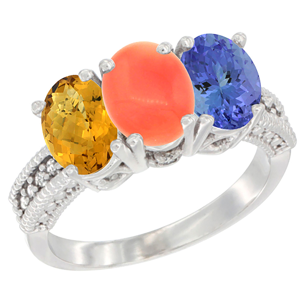 14K White Gold Natural Whisky Quartz, Coral Ring with Tanzanite Ring 3-Stone 7x5 mm Oval Diamond Accent, sizes 5 - 10