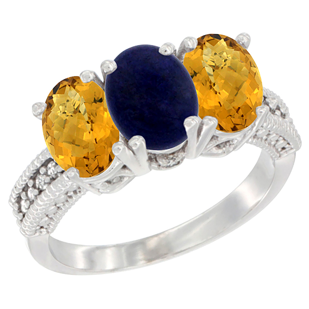 14K White Gold Natural Lapis Ring with Whisky Quartz 3-Stone 7x5 mm Oval Diamond Accent, sizes 5 - 10