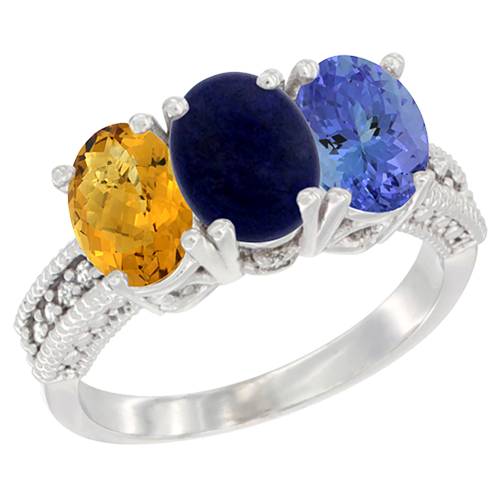14K White Gold Natural Whisky Quartz, Lapis Ring with Tanzanite Ring 3-Stone 7x5 mm Oval Diamond Accent, sizes 5 - 10