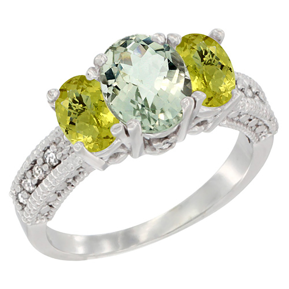 14K White Gold Diamond Natural Green Amethyst Ring Oval 3-stone with Lemon Quartz, sizes 5 - 10