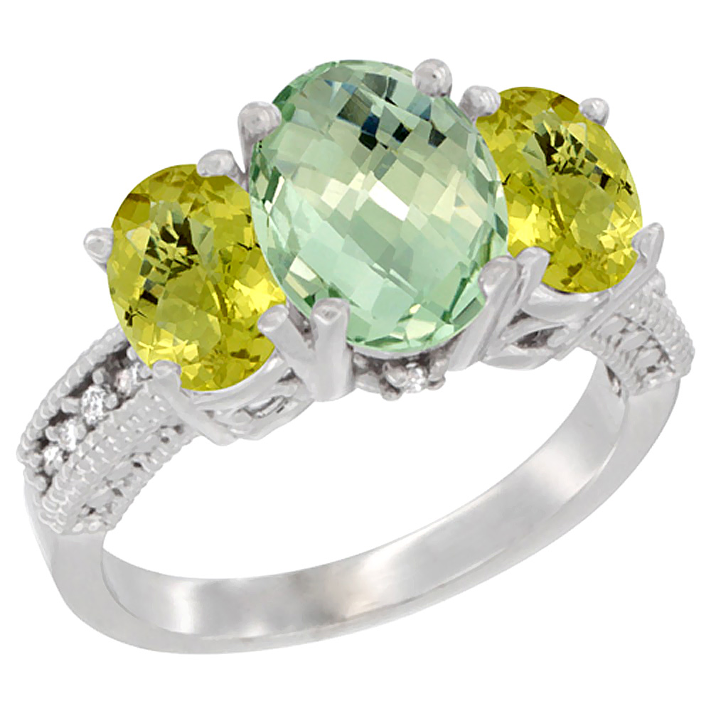 10K White Gold Diamond Natural Green Amethyst Ring 3-Stone Oval 8x6mm with Lemon Quartz, sizes5-10