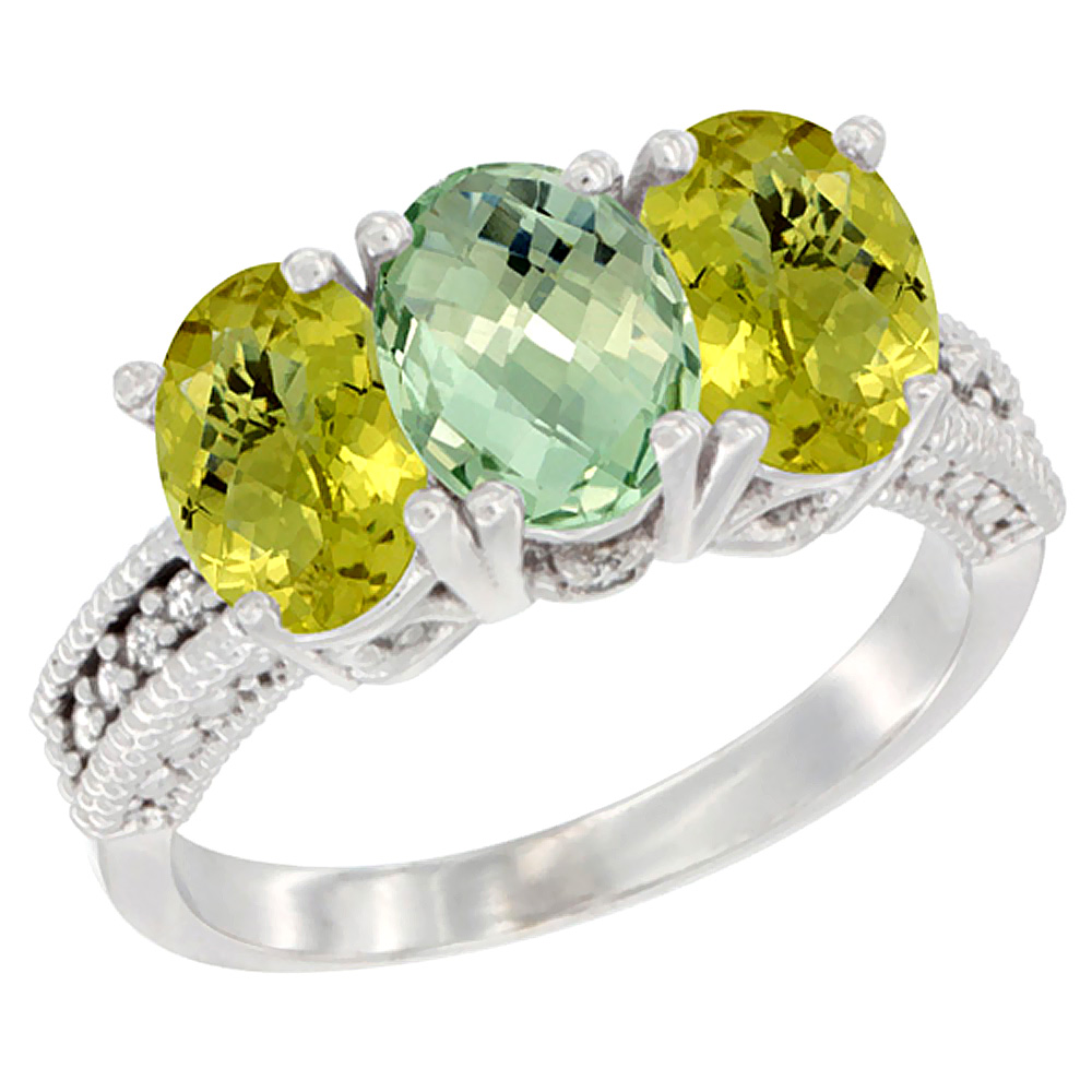 14K White Gold Natural Green Amethyst Ring with Lemon Quartz 3-Stone 7x5 mm Oval Diamond Accent, sizes 5 - 10