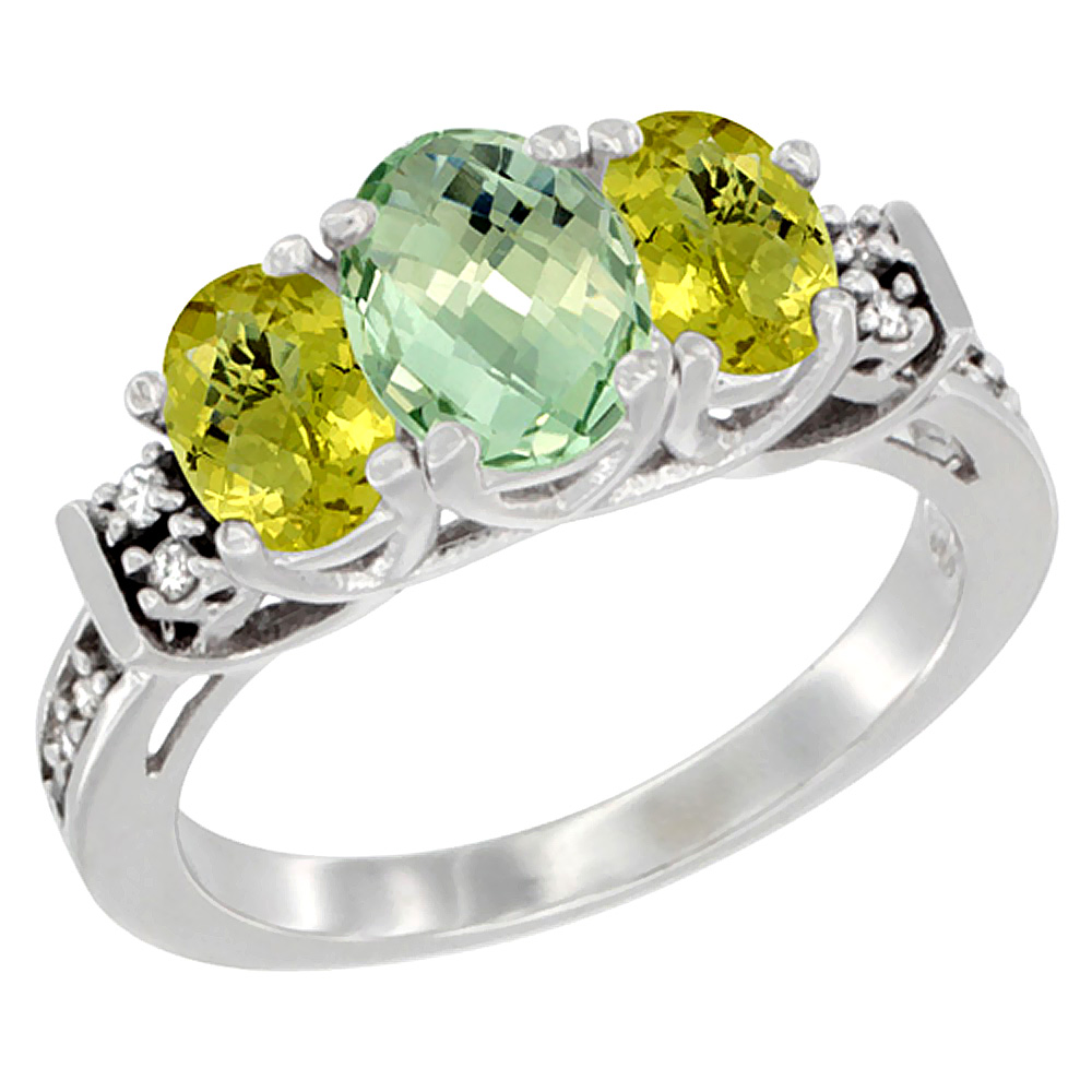 14K White Gold Natural Green Amethyst &amp; Lemon Quartz Ring 3-Stone Oval Diamond Accent, sizes 5-10
