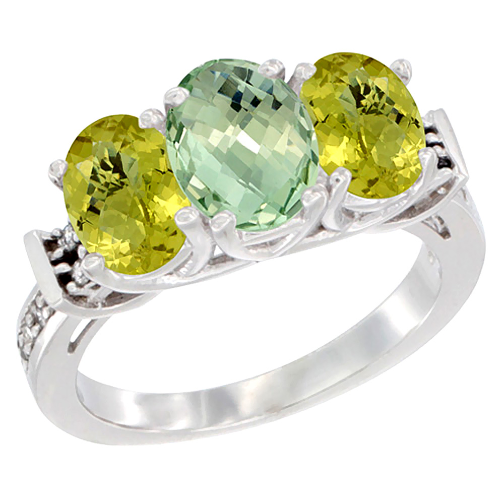 10K White Gold Natural Green Amethyst & Lemon Quartz Sides Ring 3-Stone Oval Diamond Accent, sizes 5 - 10