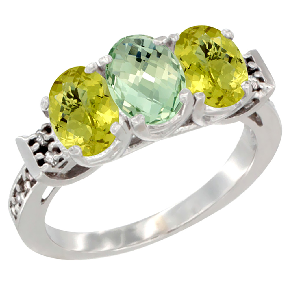 10K White Gold Natural Green Amethyst & Lemon Quartz Sides Ring 3-Stone Oval 7x5 mm Diamond Accent, sizes 5 - 10