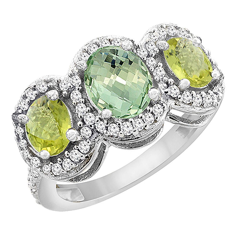 14K White Gold Natural Green Amethyst &amp; Lemon Quartz 3-Stone Ring Oval Diamond Accent, sizes 5 - 10