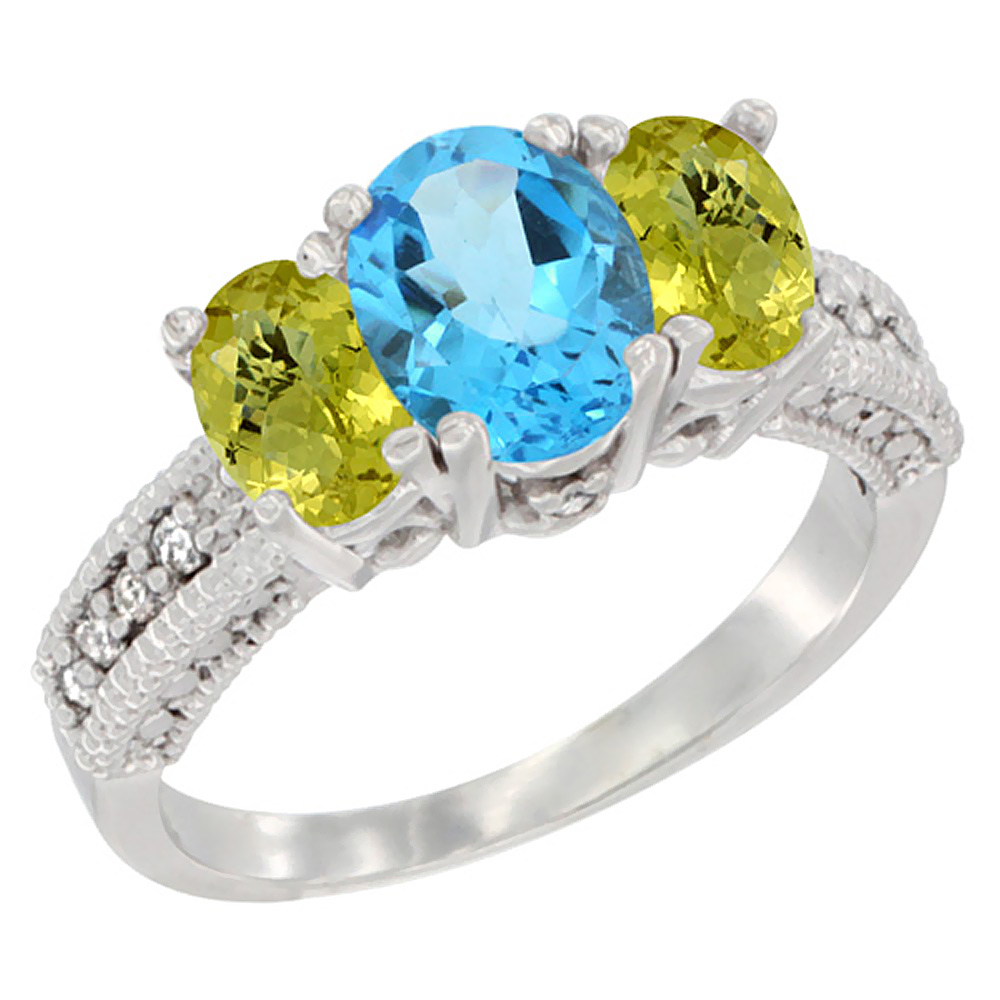 10K White Gold Diamond Natural Swiss Blue Topaz Ring Oval 3-stone with Lemon Quartz, sizes 5 - 10