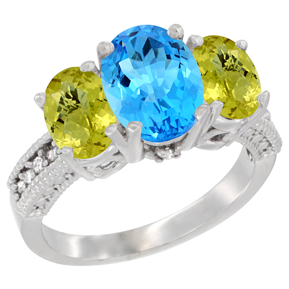 14K White Gold Diamond Natural Swiss Blue Topaz Ring 3-Stone Oval 8x6mm with Lemon Quartz, sizes5-10