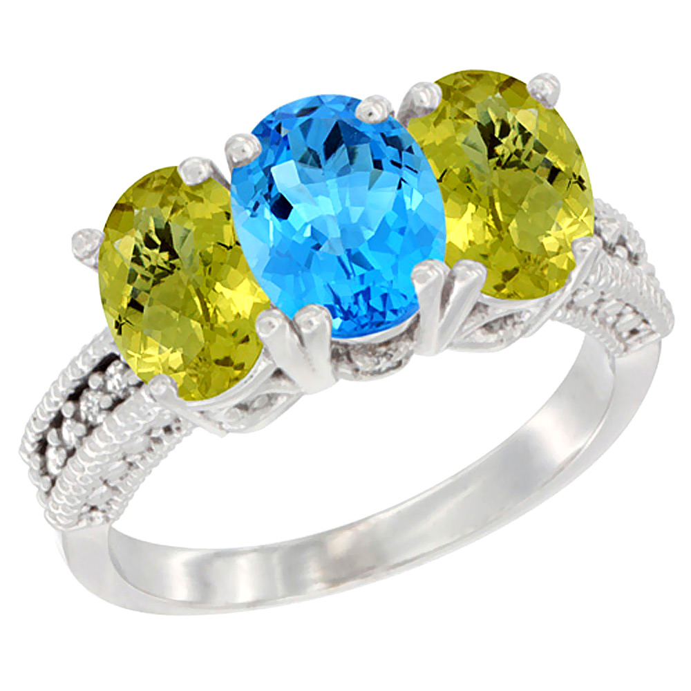 10K White Gold Diamond Natural Swiss Blue Topaz &amp; Lemon Quartz Ring 3-Stone 7x5 mm Oval, sizes 5 - 10