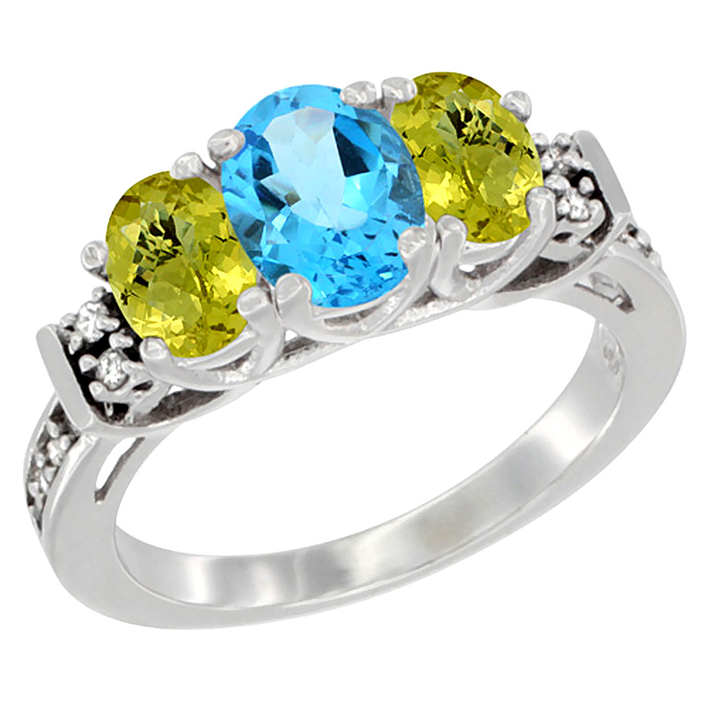 14K White Gold Natural Swiss Blue Topaz & Lemon Quartz Ring 3-Stone Oval Diamond Accent, sizes 5-10