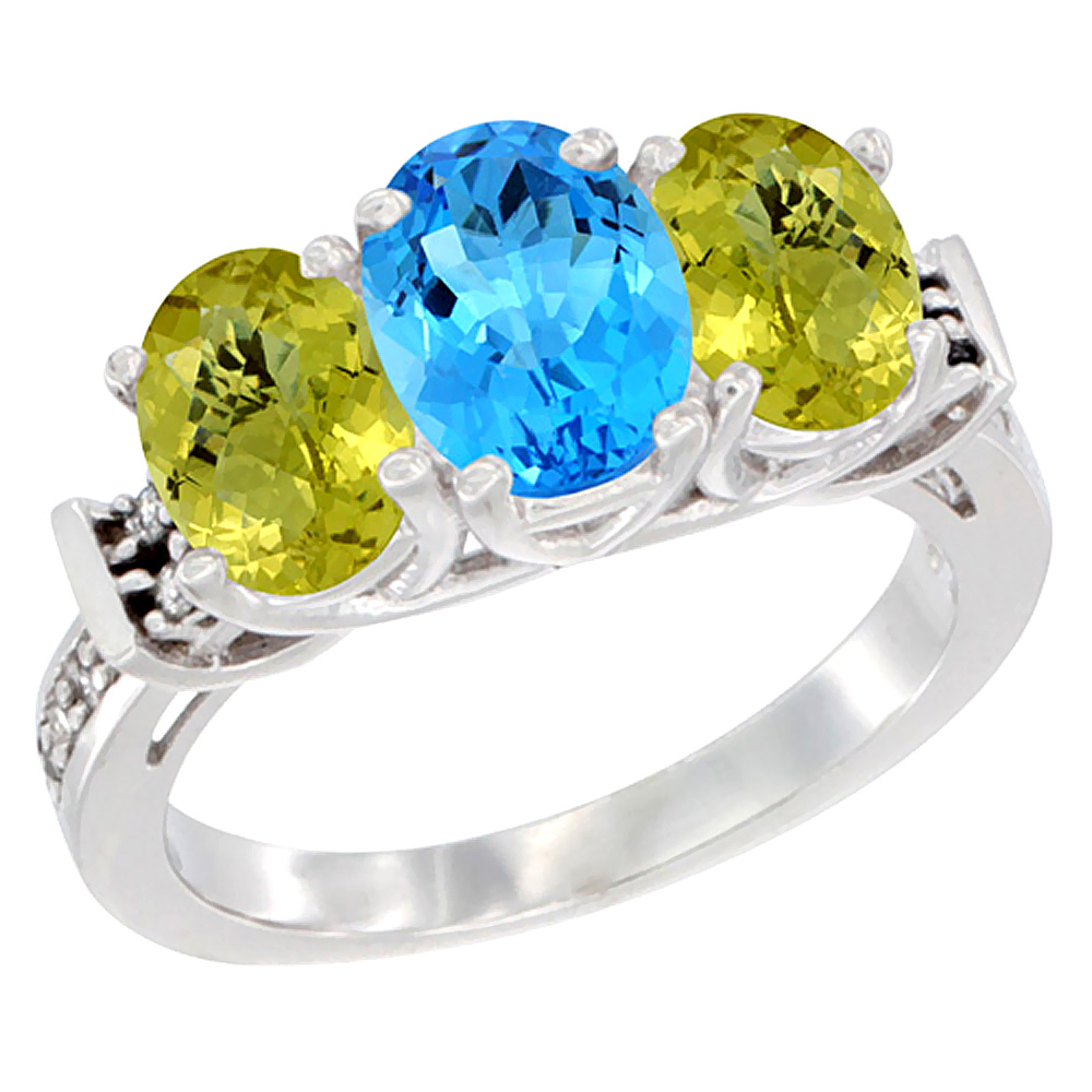 14K White Gold Natural Swiss Blue Topaz &amp; Lemon Quartz Sides Ring 3-Stone Oval Diamond Accent, sizes 5 - 10