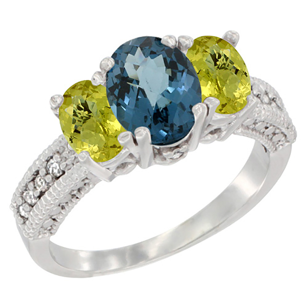 14K White Gold Diamond Natural London Blue Topaz Ring Oval 3-stone with Lemon Quartz, sizes 5 - 10