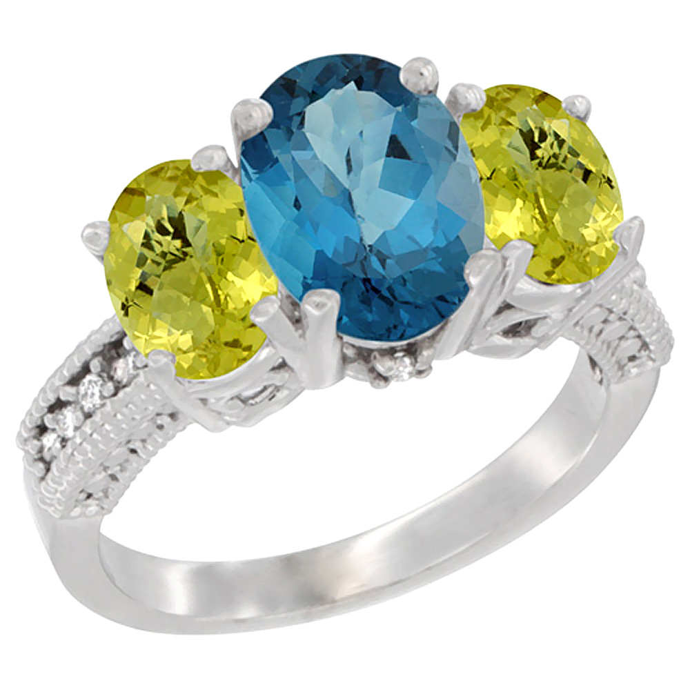 10K White Gold Diamond Natural London Blue Topaz Ring 3-Stone Oval 8x6mm with Lemon Quartz, sizes5-10