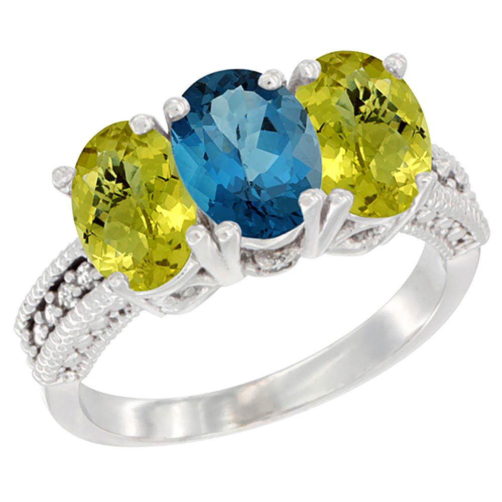 14K White Gold Natural London Blue Topaz Ring with Lemon Quartz 3-Stone 7x5 mm Oval Diamond Accent, sizes 5 - 10