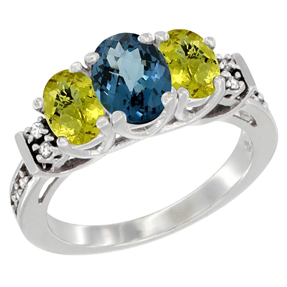 14K White Gold Natural London Blue Topaz & Lemon Quartz Ring 3-Stone Oval Diamond Accent, sizes 5-10
